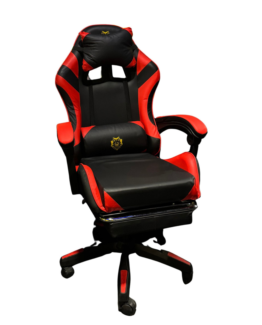 Геймерське крісло Primaveo з ергономічними подушками та підставкою для ніг — офісне крісло чорно-червоне, екошкіра, фото 1