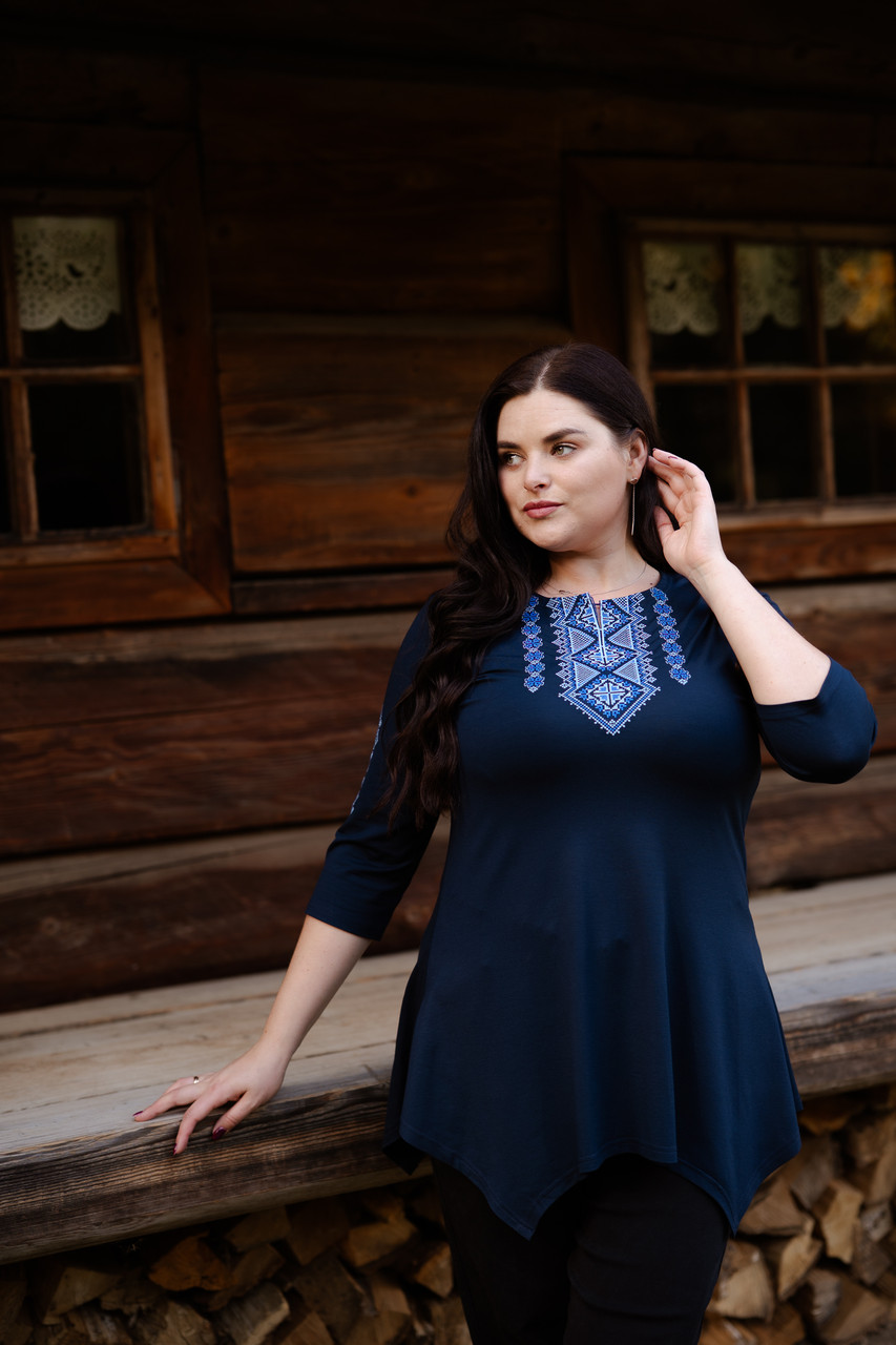 Жіноча туніка Традиційна голуба на темно-синьому, рукав 3/4, фото 1