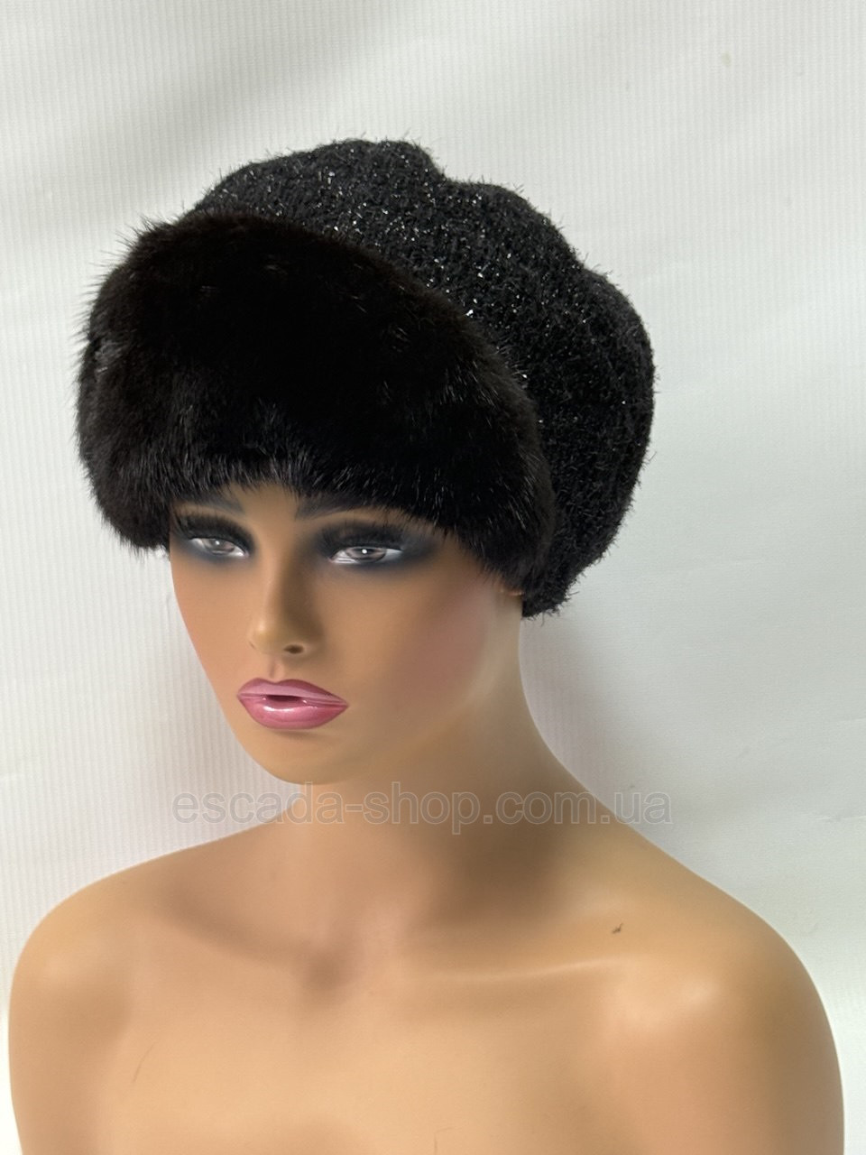 Жіночий хутряний берет з натуральним хутром норки на трикотажній основі "Восьмиклинка"  Чорна, фото 1