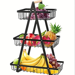 Настільний триярусний кошик — фруктовиця з дерев'яною ручкою Triple Fruit Basket
