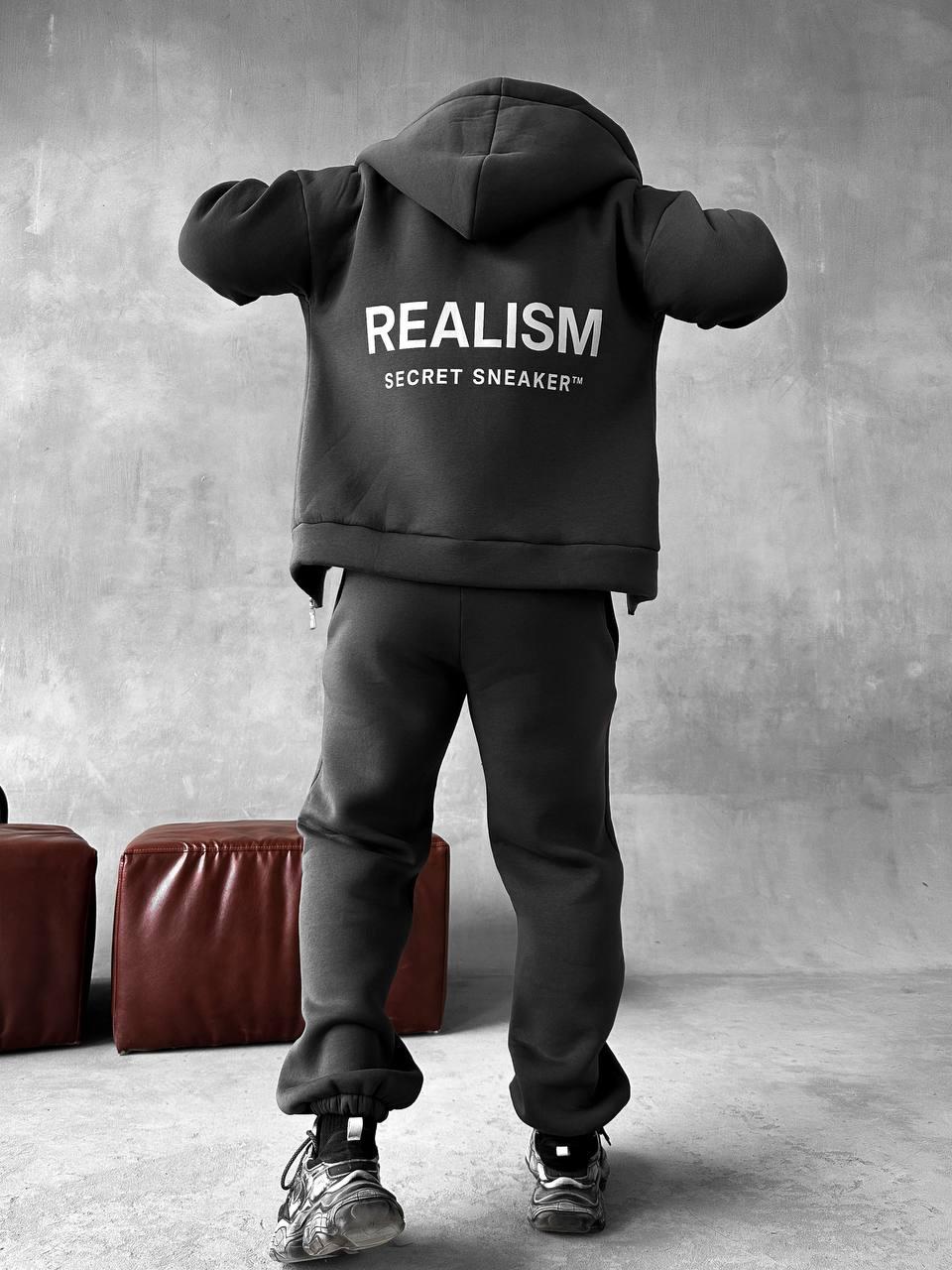 Чоловічий зимовий спортивний костюм темно-сірий Realism на блискавці з капюшоном Комплект Кофта Штани на флісі, фото 1