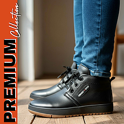 Чоловічі зимові черевики шкіряні спортивні класичні чорні на шнурівці та блискавці (код:АНД-Б2)