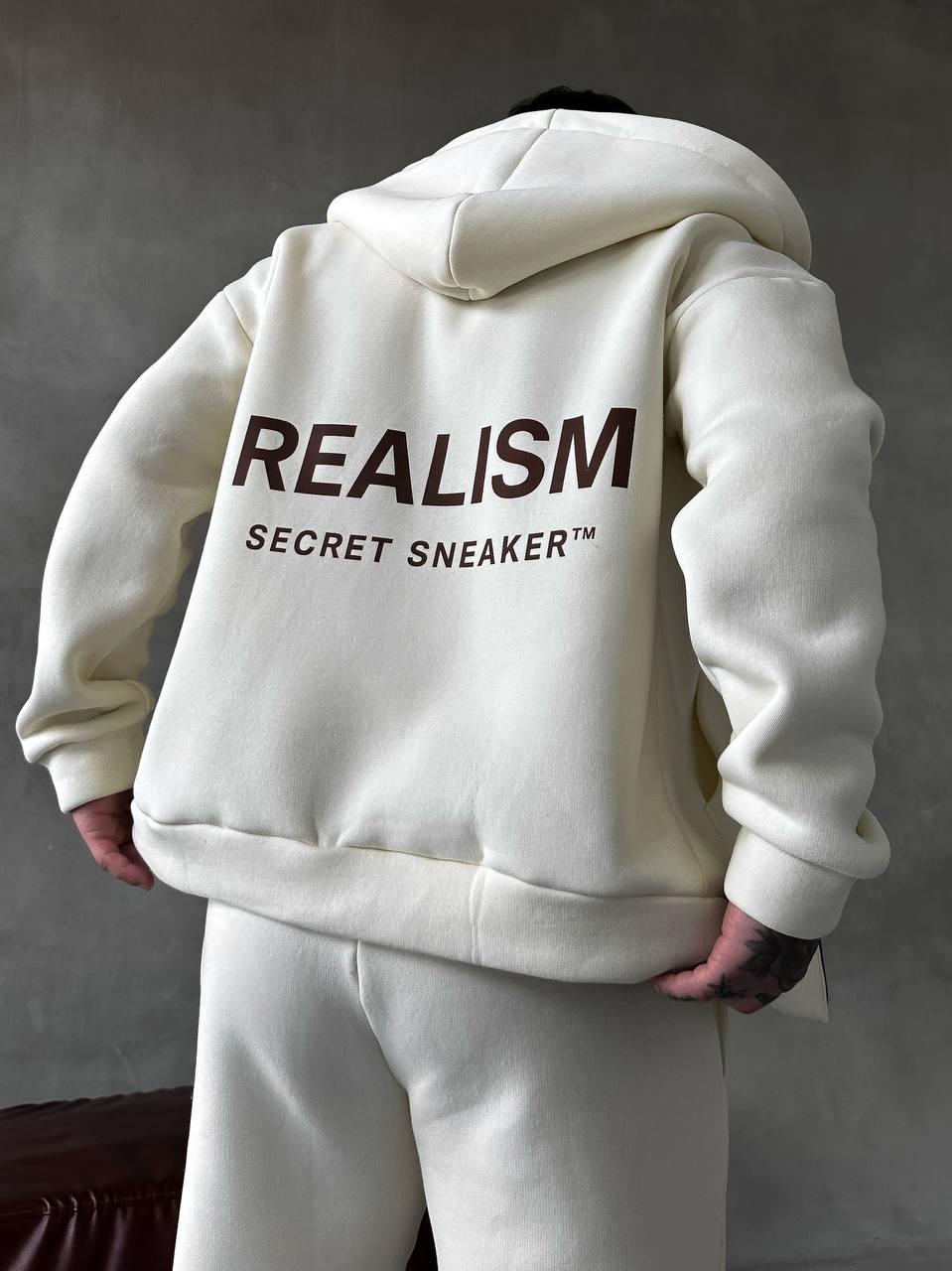 Чоловічий зимовий спортивний костюм молочний Realism на блискавці з капюшоном Комплект Кофта Штани на флісі, фото 1