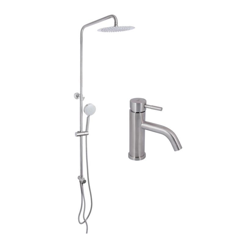 Акційний набір: Lidz Aria 0011F Змішувач для раковини (k35) Nickel + Lidz Aria 1120 Душова стійка універсальна на два споживача, фото 1