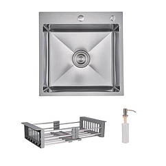 Комплект Lidz Handmade H5050H Мийка для кухні інтегрована Decor Honeycomb у комплекті з дозатором + Lidz K01G Корзина для кухонної