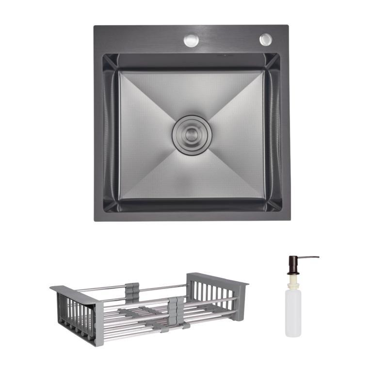 Комплект Lidz Handmade H5050HB Мийка для кухні інтегрована Decor Black PVD Honeycomb у комплекті з дозатором + Lidz K01G Корзина, фото 1