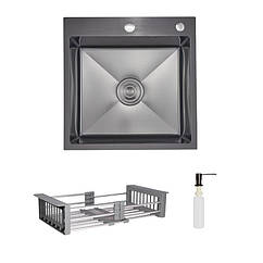 Комплект Lidz Handmade H5050HB Мийка для кухні інтегрована Decor Black PVD Honeycomb у комплекті з дозатором + Lidz K01G Корзина