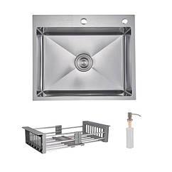 Комплект Lidz Handmade H6050H Мийка для кухні інтегрована Decor Honeycomb у комплекті з дозатором + Lidz K01G Корзина для кухонної