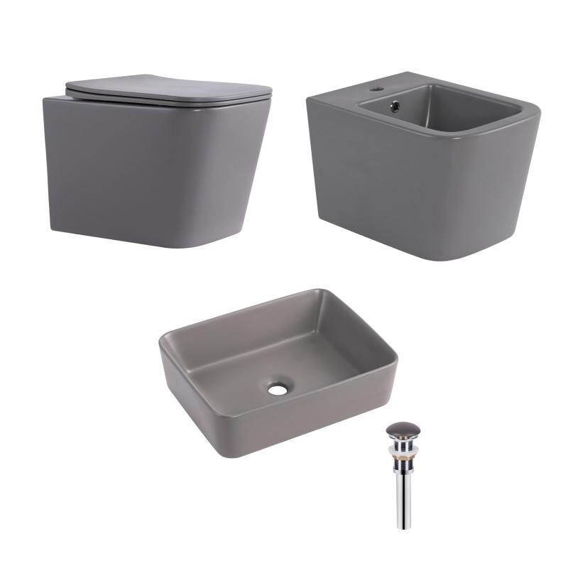 Комплект Qtap Tern Stone grey 3 в 1: підвісний унітаз Ultra Quiet + біде підвісне + раковина накладна QTTERSG49162, фото 1