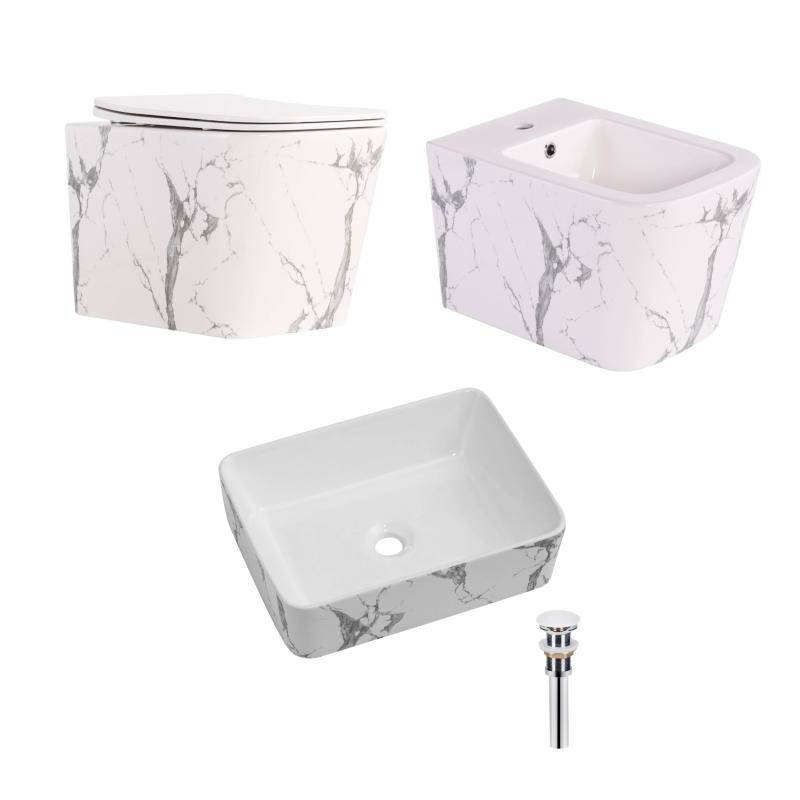 Комплект Qtap Tern Marble 3 в 1: підвісний унітаз Ultra Quiet + біде підвісне + раковина накладна QTTERMR49164, фото 1