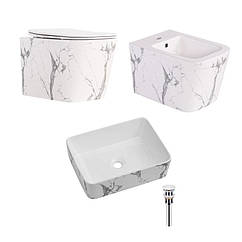 Комплект Qtap Tern Marble 3 в 1: підвісний унітаз Ultra Quiet + біде підвісне + раковина накладна QTTERMR49164