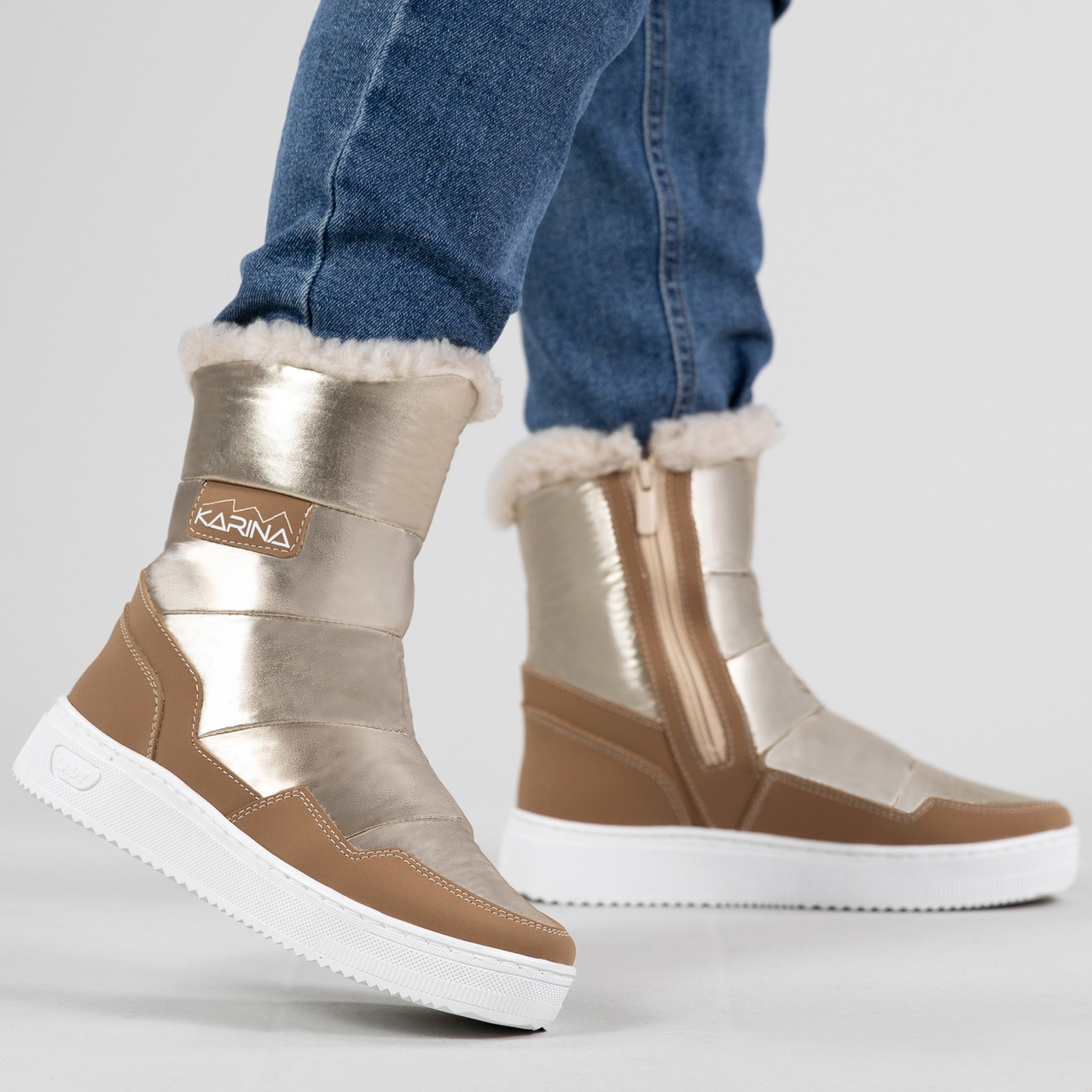 Жіночі зимові дутики з натуральним хутром на замок золоті (4103)