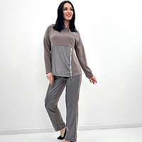 Прогулянковий жіночий брючний костюм двійка з кофтою і прямими брюками зі вставками з екошкіри