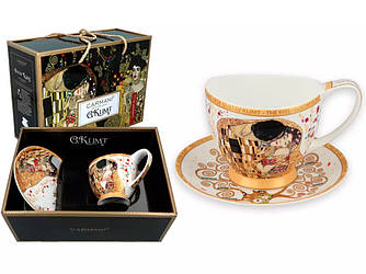 Чашка  фарфорова з блюдцем Carmani Г. Клімт Поцілунок білий фон, 350 мл (532-3052)