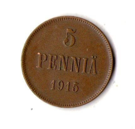 Фінляндія › Iмператор Микола II 5 пенні, 1915 рік Мідь, 6.4g, ø 25mm №472, фото 1
