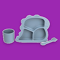 Дитячий набір силіконового посуду: чашка, тарілка з трьома секціями та ложечка, синій відтінок, присоска