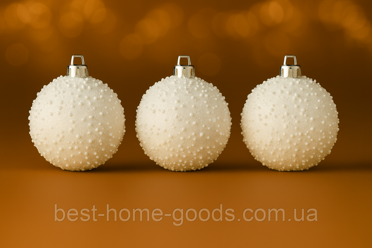 Набір ялинкових куль «Снігопад» Ø10 см, 6 шт, з глітером та імітацією снігу — білий, червоний, золотий, сріблястий, пластик, фото 1