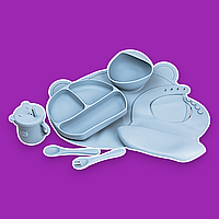 Комплект дитячого посуду силіконового 7 предметів, синій, тарілка, миска, поїльник, ложка та вилка стандартний розмір