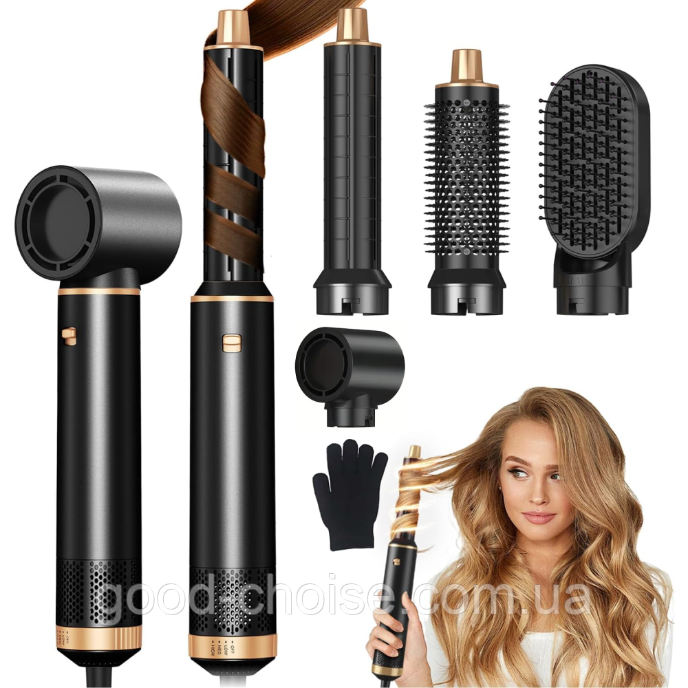 Універсальний фен-стайлер 5-в-1, 1000 Вт / Фен браш / Стайлер для волосся / Фен з насадками, фото 1