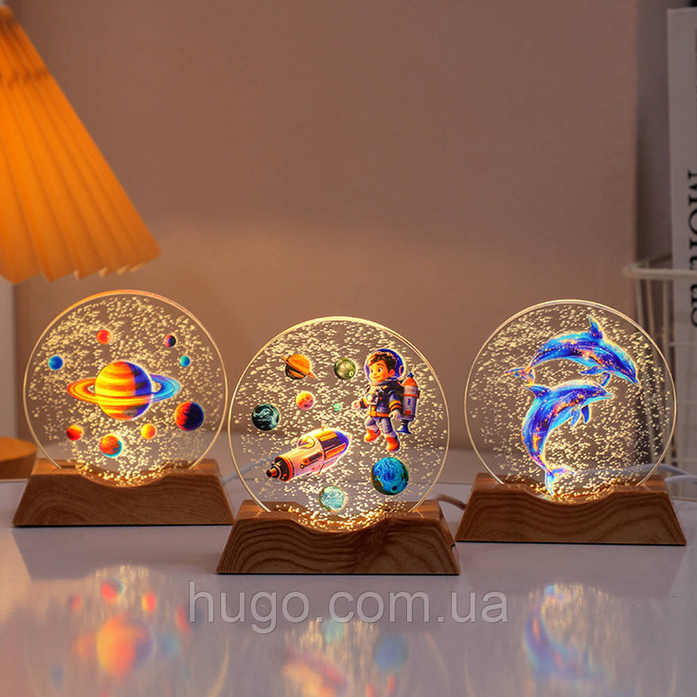 Декоративний 3D нічник кришталевий круг 8х8см, від USB, RGB, рандом / Світильник-нічник / Дитячий нічник настільний, фото 1