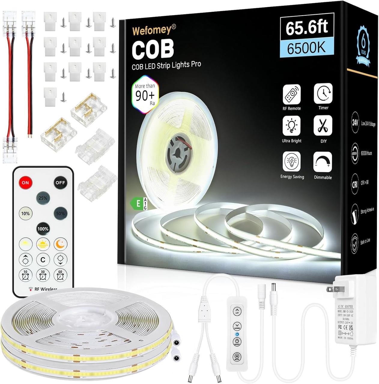COB Світлодіодна стрічка з пультом дистанційного керування, 65,6 футів із дименю 6500K Супер'яскраве денне світло Біле, фото 1
