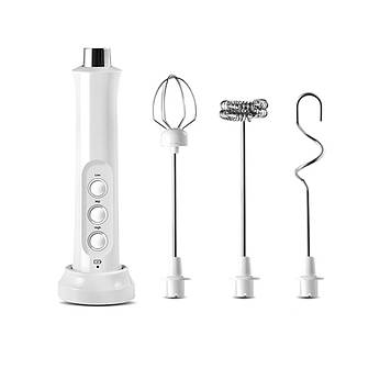 Спінювач молока (капучинатор) No Brand на акумуляторі з 3 насадками Білий