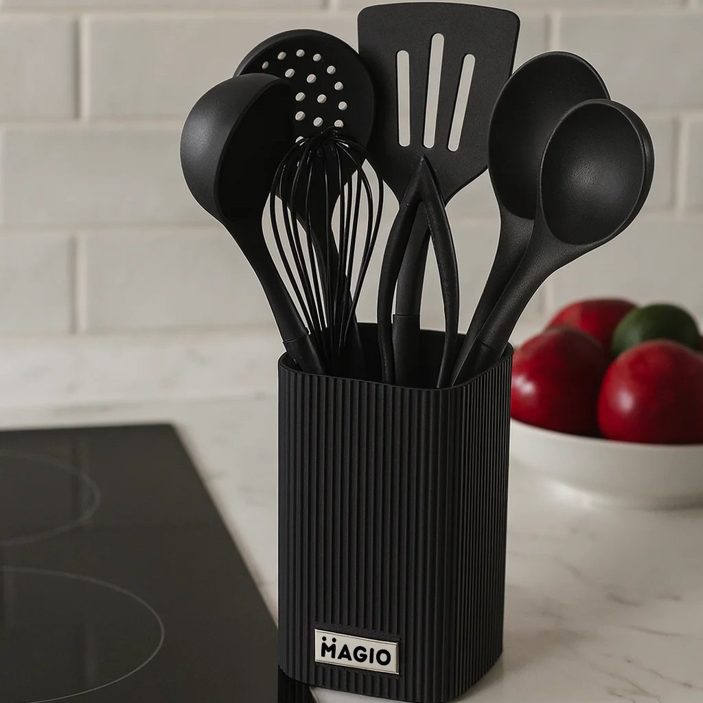 Набір кухонних приладів Magio MG-1130 (8 шт) Силіконовий комплект на квадратній підставці для антипригарного посуду, фото 1