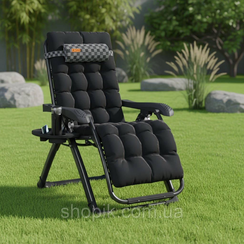 Розкладне крісло шезлонг домашній з подушкою і матрацом Zero Gravity WCG S14-PP Louis з шаховим полотном + чорний матрац, фото 1