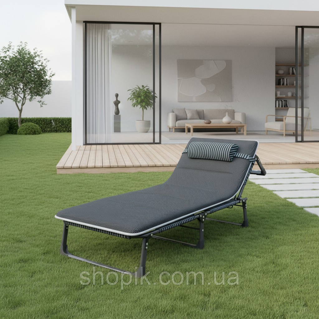 Розкладне ліжко шезлонг домашній з подушкою і матрацом WCG FB-S02-PM + матрац з сітки 3D Air-Mesh Чорний розкладачка лежак, фото 1