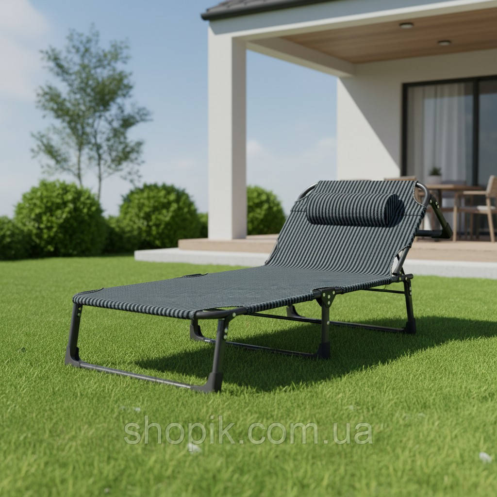 Розкладне ліжко шезлонг домашній з подушкою WCG FB-S02 зі смугастим полотном 600D Oxford + подушка Чорний розкладачка лежак, фото 1