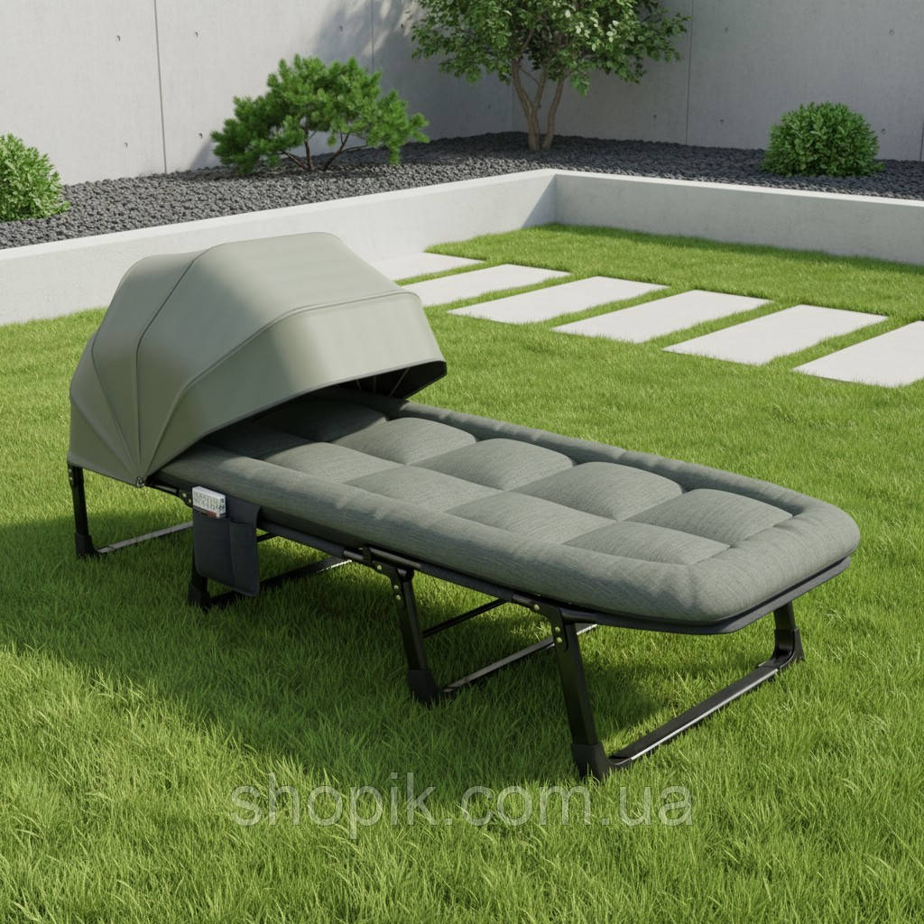 Розкладне ліжко шезлонг домашній WCG FB-S25 з м’яким матрацом і регульованим сонцезахисним навісом Сірий розкладачка лежак, фото 1