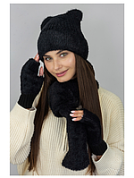 Шапка жіноча з вушками + мітенки + шарф комплект чорний