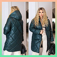 Жіноча зимова куртка батал подовжена стьобана тепла на блискавці з капюшоном пляшково-зелена великий розмір