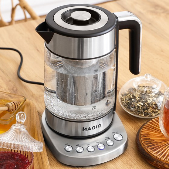 Електрочайник Magio MG-494 з терморегулятором (1.7 л / 1850 Вт) | Скляний чайник-заварник з підтримкою тепла, фото 1