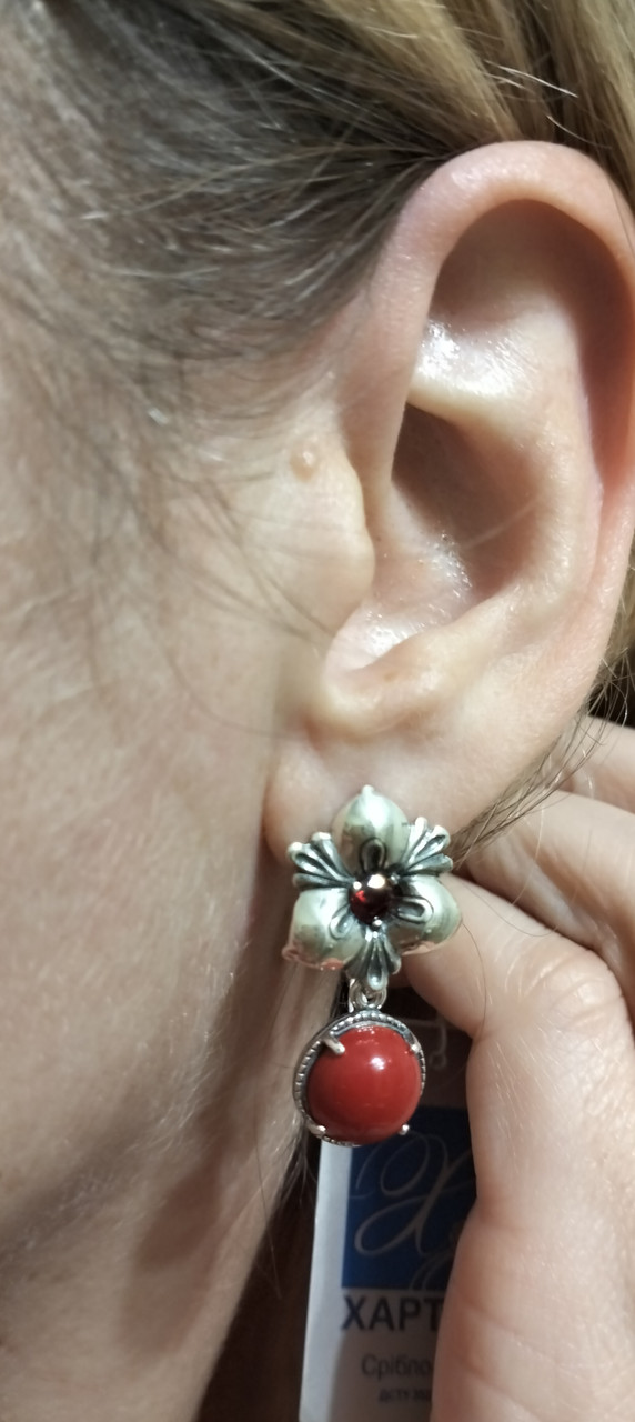 Срібні сережки з червоним коралом, фото 1