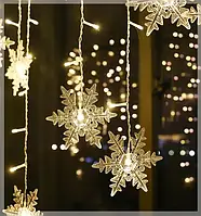 Гірлянда-штора LED сніжинка 3.5м, 96 ламп, тепле біле світло, 8 режимів, USB живлення для святкового декору