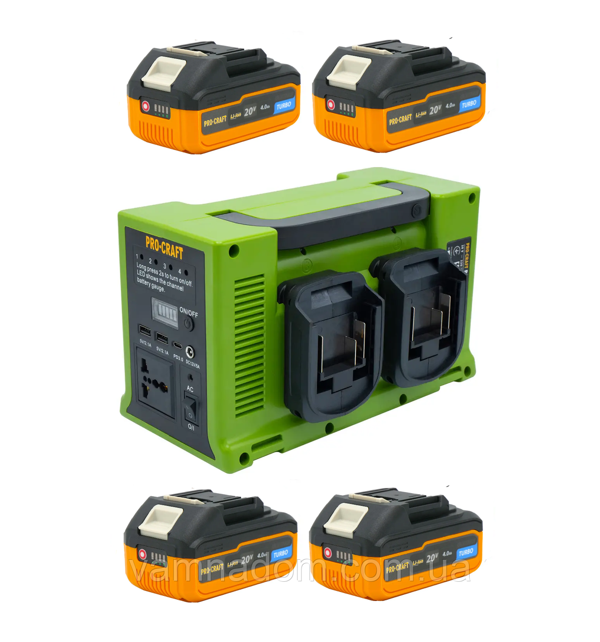 Інверторна акумуляторна станція Procraft PSI20 + 4 акумулятори Procraft Turbo 20 В, 4 А/год, фото 1