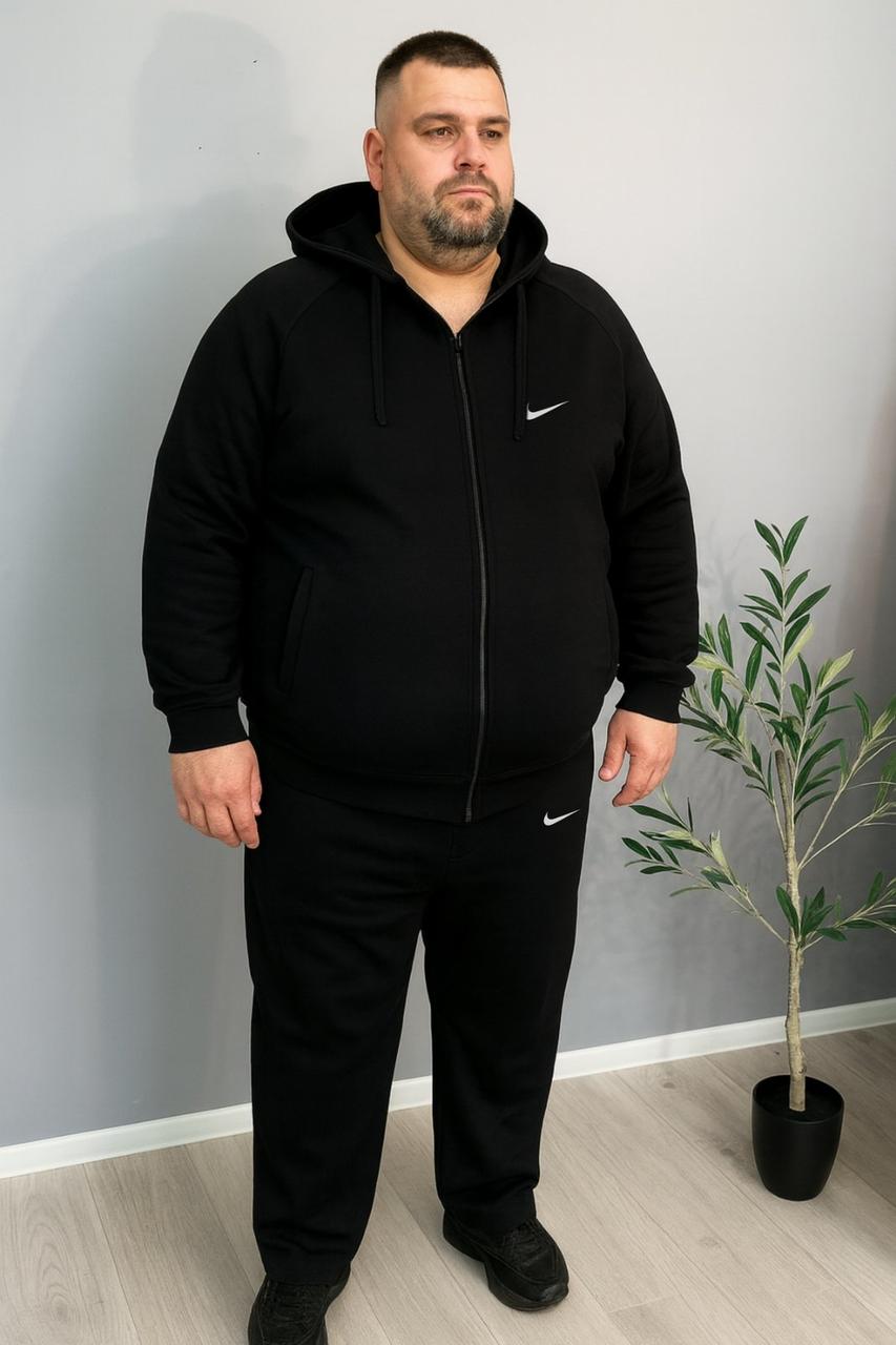 Чоловічий зимовий теплий спортивний костюм батал із капюшоном трикотаж на флісі чорний великих розмірів