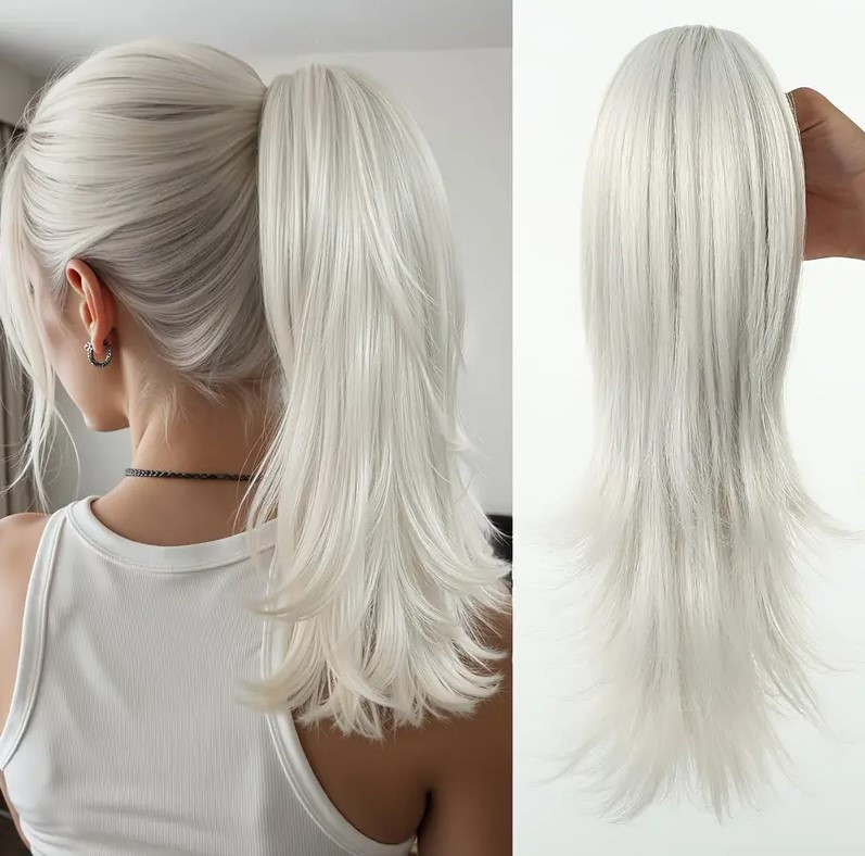 Шиньйон хвіст на крабі Сріблястий блонд каскад 40 см термовлокно, фото 1