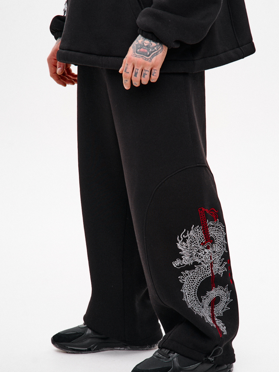 Широкі спортивні штани з вишивкою "Рюу", чорний, фото 1
