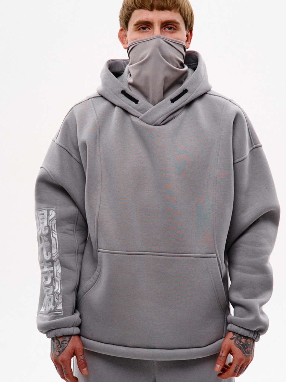 Худі з вшитою балаклавою та вишивкою "Рюу", сірий, фото 1