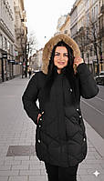 Зимова куртка жіноча подовженна, капюшон з хутряним коміроком 24105 чорна, M