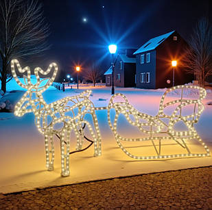 Світлодіодний новорічний олень з санками, що світиться, 110 х 46 см, теплий білий колір, новорічні фігури з гірлянди дюралайт
