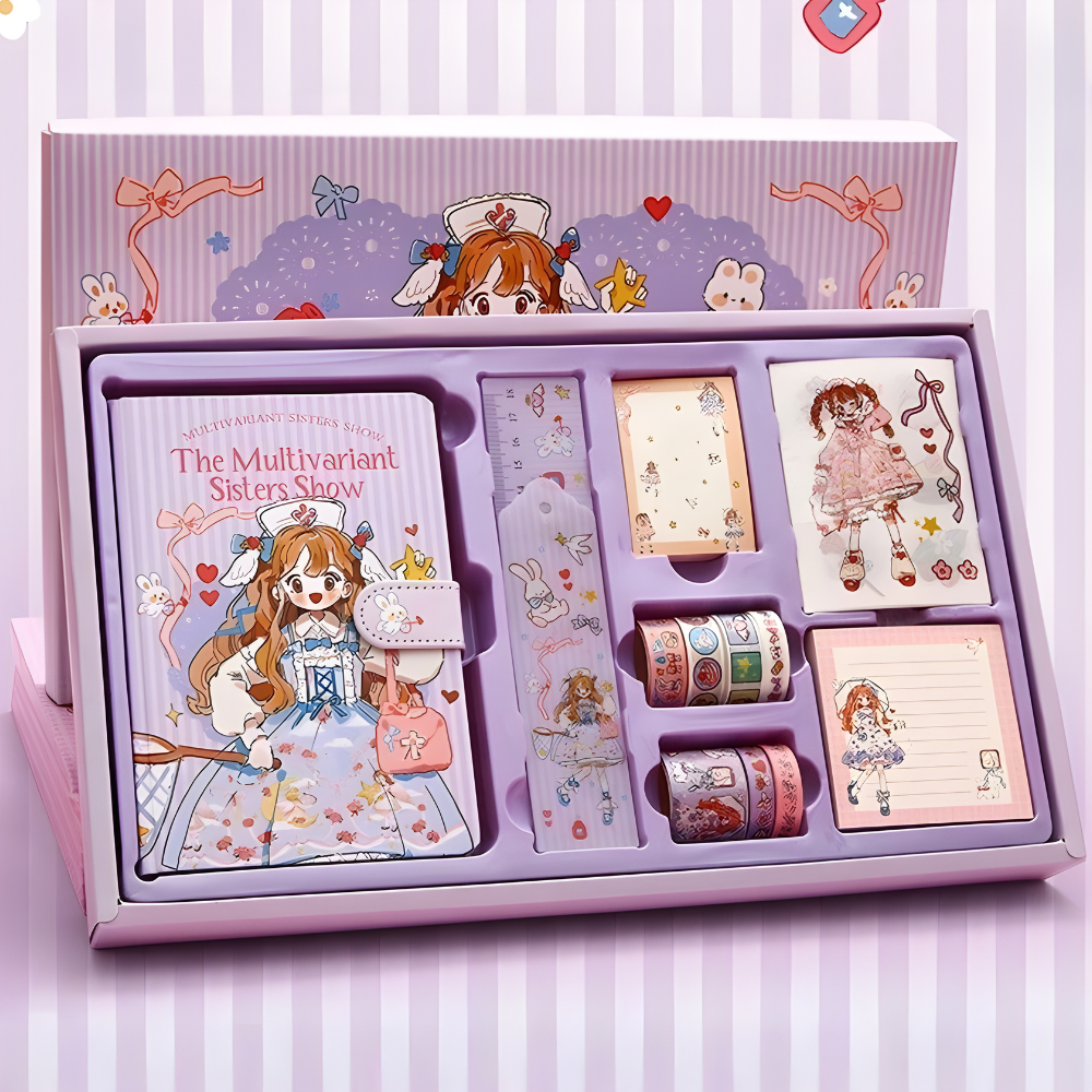 Блокнот з канцелярським приладдям, Дитячий в подарунковій упаковці набір для дівчаток 390х240 см, фіолетовий, фото 1