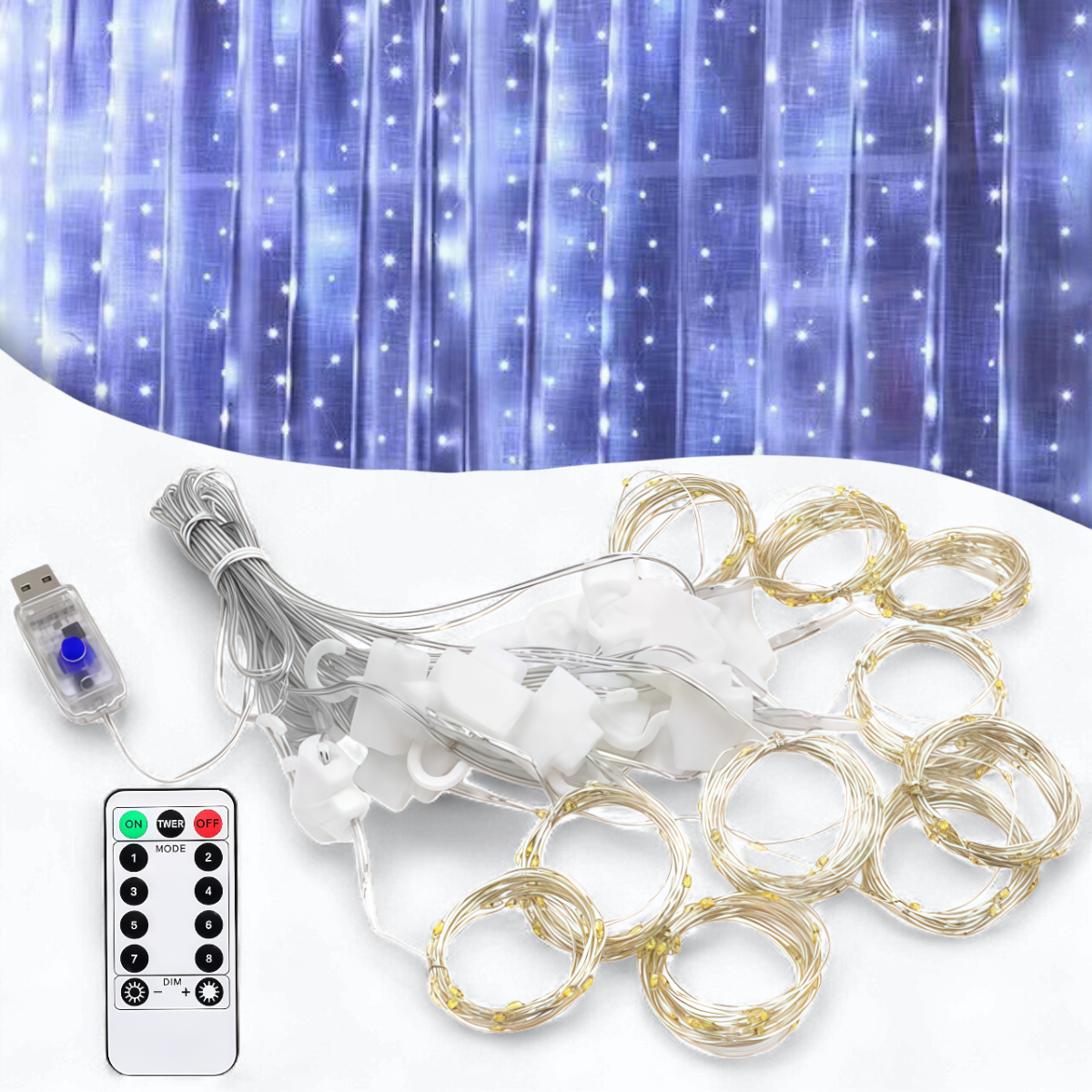 USB Гірлянда-штора "Роса" 3х3 метри 300 LED 8 режимів світіння Біле світло, фото 1