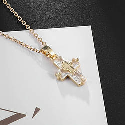 Кулон золотистий жіночий на ланцюжку хрестик з білими фіанітами 2.5 см 46+5 см IgnisFlos348