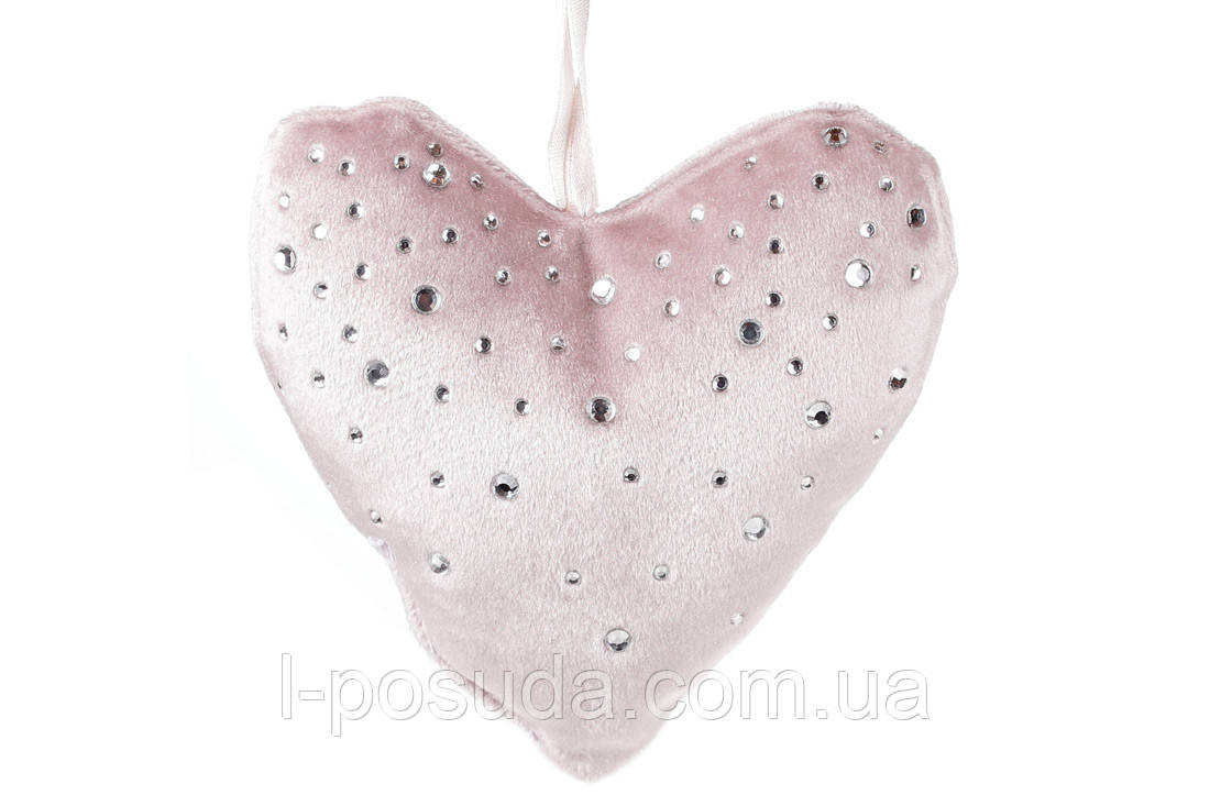 Підвісне оксамитове сердечко зі стразами 13 см ніжно-рожеве, фото 1