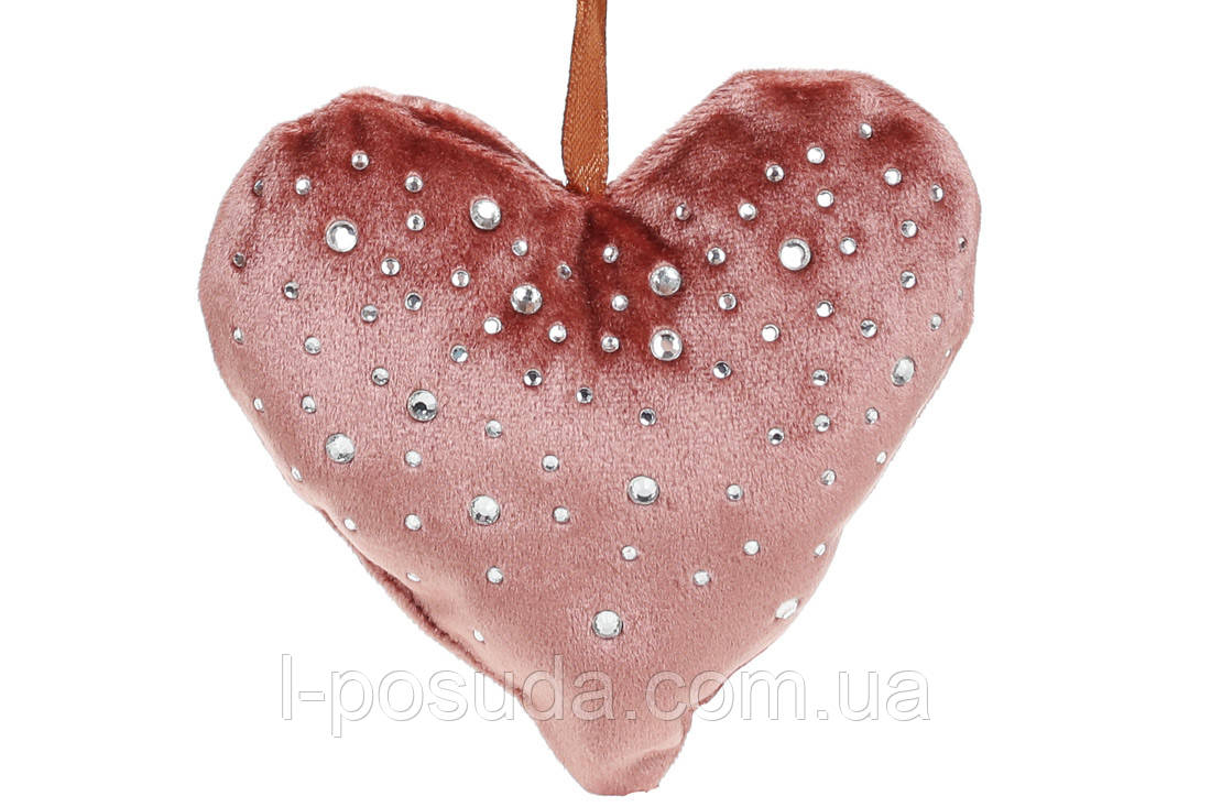 Оксамитове підвісне серце зі стразами, 13 см, карміново-рожевий, фото 1