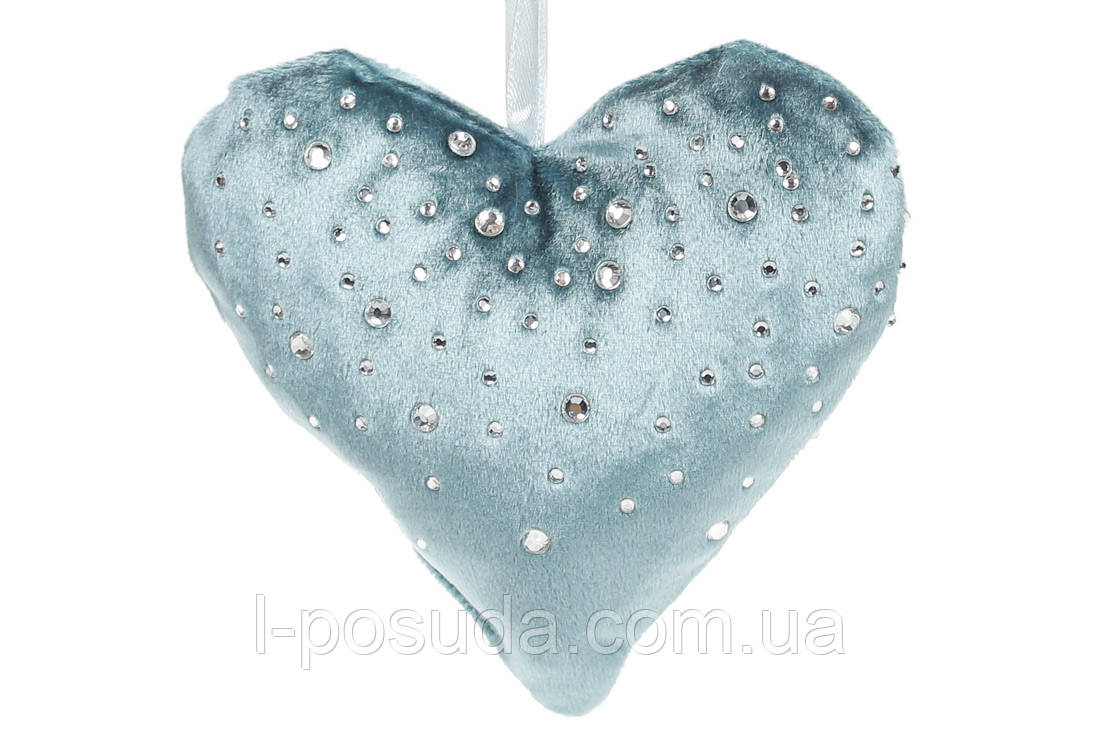 Вінтажне бірюзове оксамитове серце зі стразами 13 см, фото 1