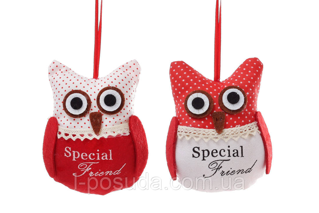 Новорічна сова на ялинку 11 см червоно-біла, фото 1